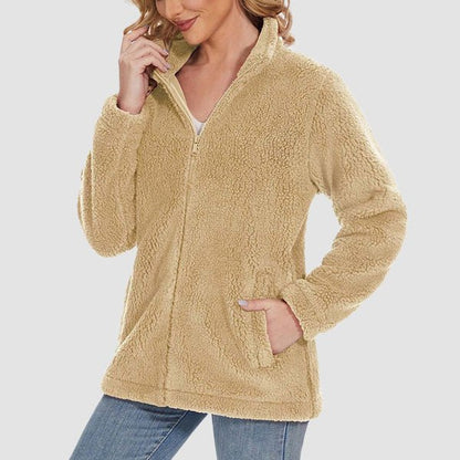 Women's Fuzzy Sherpa Jacket - Full-Zip Warm Fleece Teddy Coat with Zipper Pockets