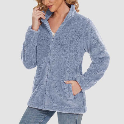 Women's Fuzzy Sherpa Jacket - Full-Zip Warm Fleece Teddy Coat with Zipper Pockets