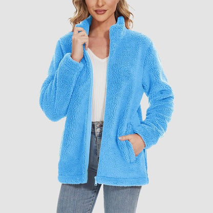 Women's Fuzzy Sherpa Jacket - Full-Zip Warm Fleece Teddy Coat with Zipper Pockets