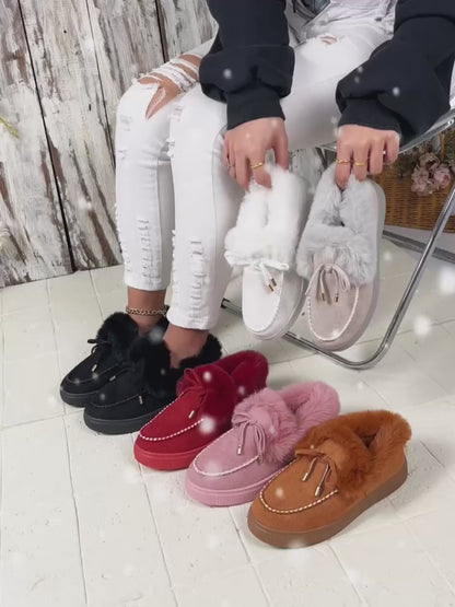 Pelzige Schneestiefel für Damen – Schleife, Plüschfutter, warme flache Stiefeletten