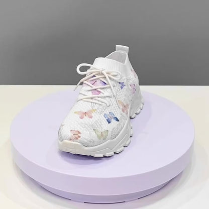 Damen-Sneaker mit Schmetterlingsmuster – Schnürschuhe, atmungsaktives Strick-Low-Top