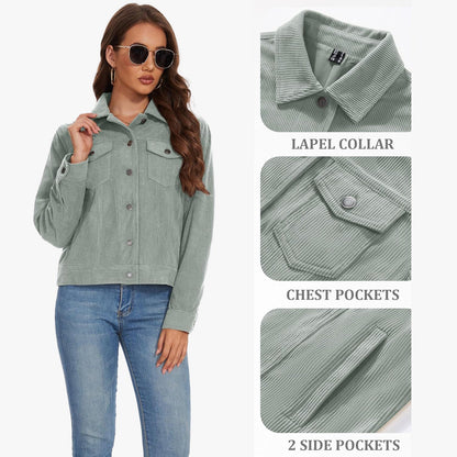 Women's Casual Corduroy Jackets Soft Warm Button Down Shacket Jacket Long Sleeve Fall Outerwear with Pockets