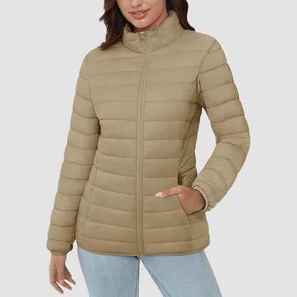 Women's  Lightweight Puffer Jacket Stand Collar Full Zip Quilted Lined Winter Coat