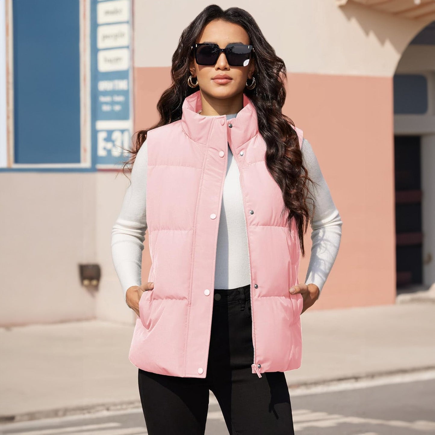Damen Puffer Daunenweste Übergroße Oberbekleidung mit Reißverschluss Leichte wattierte Winterweste mit Taschen