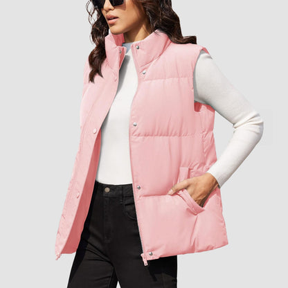 Damen Puffer Daunenweste Übergroße Oberbekleidung mit Reißverschluss Leichte wattierte Winterweste mit Taschen