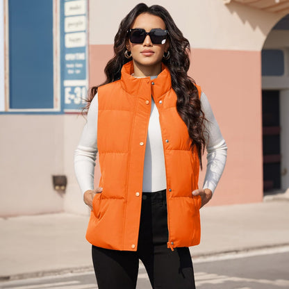 Damen Puffer Daunenweste Übergroße Oberbekleidung mit Reißverschluss Leichte wattierte Winterweste mit Taschen