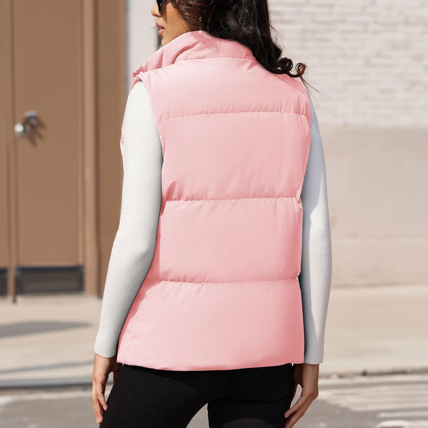 Damen Puffer Daunenweste Übergroße Oberbekleidung mit Reißverschluss Leichte wattierte Winterweste mit Taschen