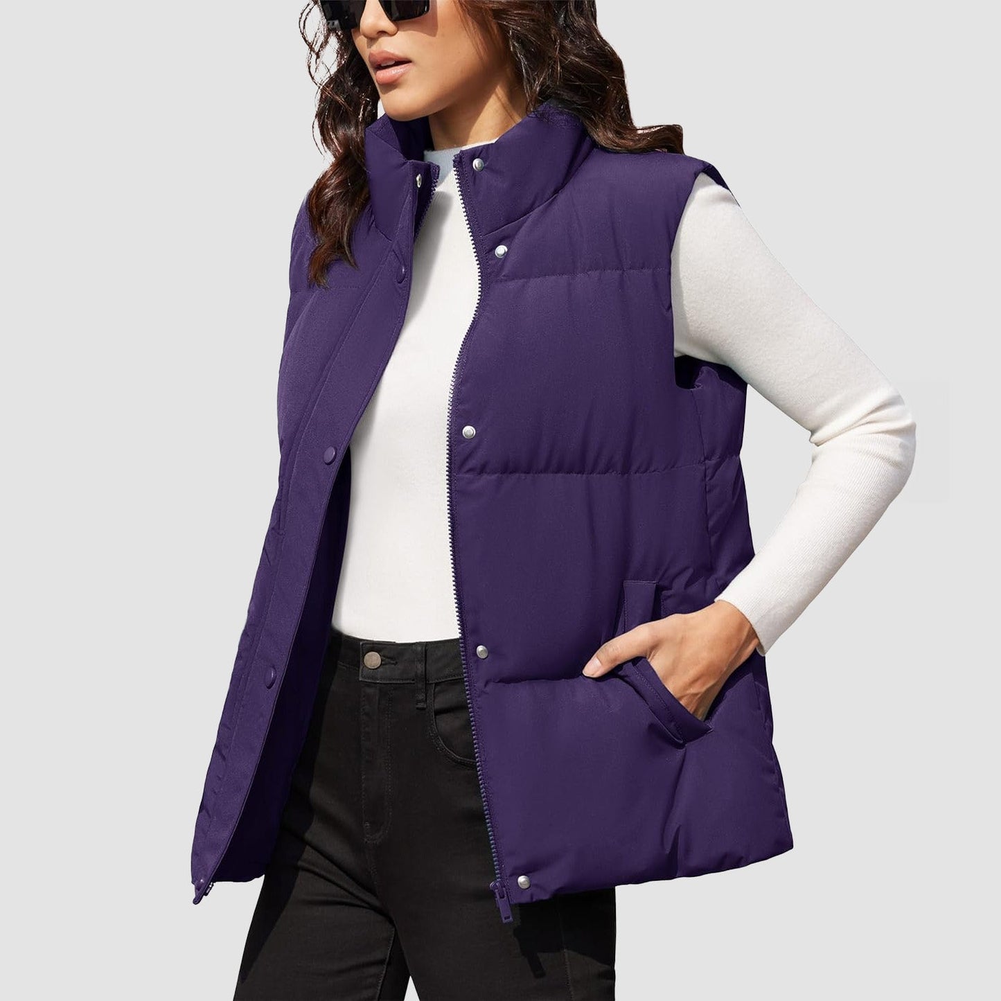 Damen Puffer Daunenweste Übergroße Oberbekleidung mit Reißverschluss Leichte wattierte Winterweste mit Taschen