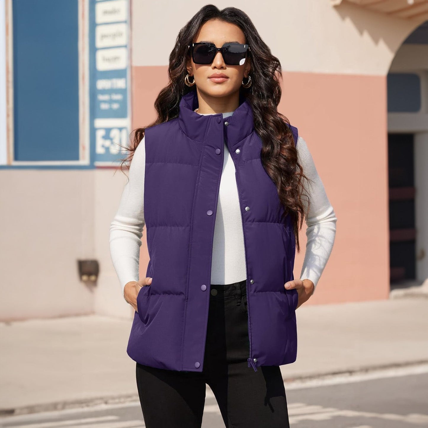 Damen Puffer Daunenweste Übergroße Oberbekleidung mit Reißverschluss Leichte wattierte Winterweste mit Taschen