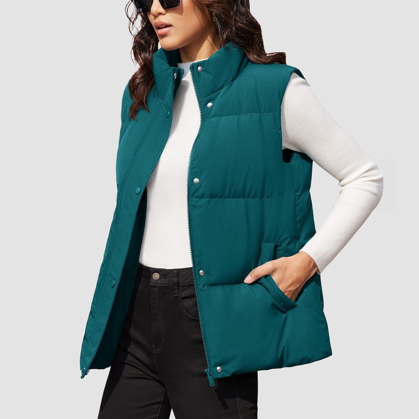 Damen Puffer Daunenweste Übergroße Oberbekleidung mit Reißverschluss Leichte wattierte Winterweste mit Taschen