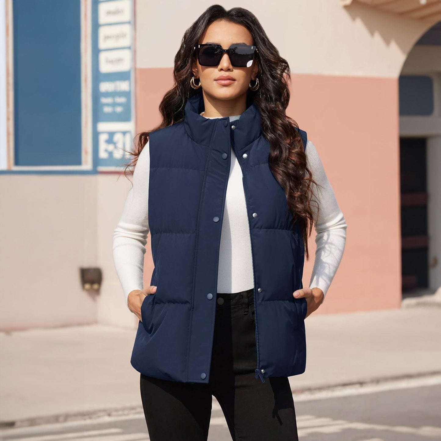 Damen Puffer Daunenweste Übergroße Oberbekleidung mit Reißverschluss Leichte wattierte Winterweste mit Taschen