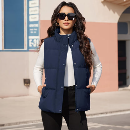 Damen Puffer Daunenweste Übergroße Oberbekleidung mit Reißverschluss Leichte wattierte Winterweste mit Taschen