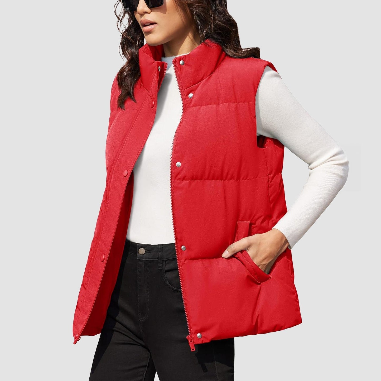 Damen Puffer Daunenweste Übergroße Oberbekleidung mit Reißverschluss Leichte wattierte Winterweste mit Taschen