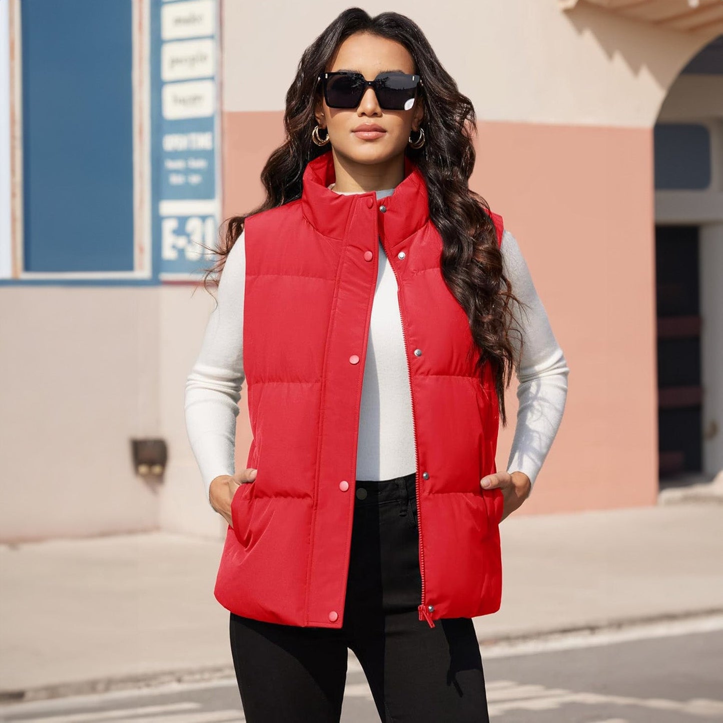 Damen Puffer Daunenweste Übergroße Oberbekleidung mit Reißverschluss Leichte wattierte Winterweste mit Taschen