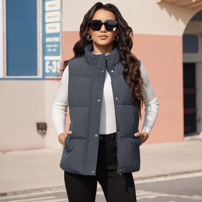 Damen Puffer Daunenweste Übergroße Oberbekleidung mit Reißverschluss Leichte wattierte Winterweste mit Taschen