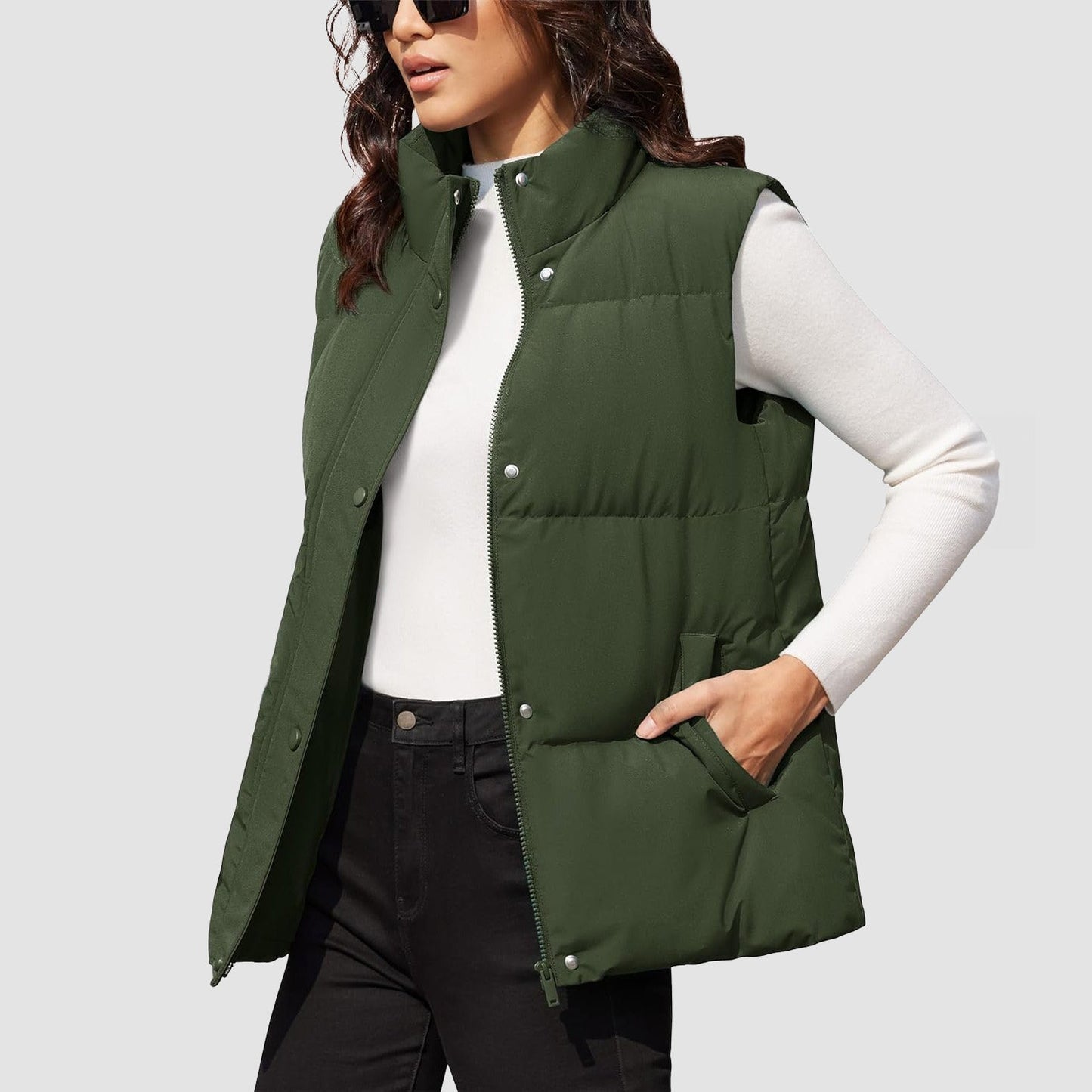 Damen Puffer Daunenweste Übergroße Oberbekleidung mit Reißverschluss Leichte wattierte Winterweste mit Taschen