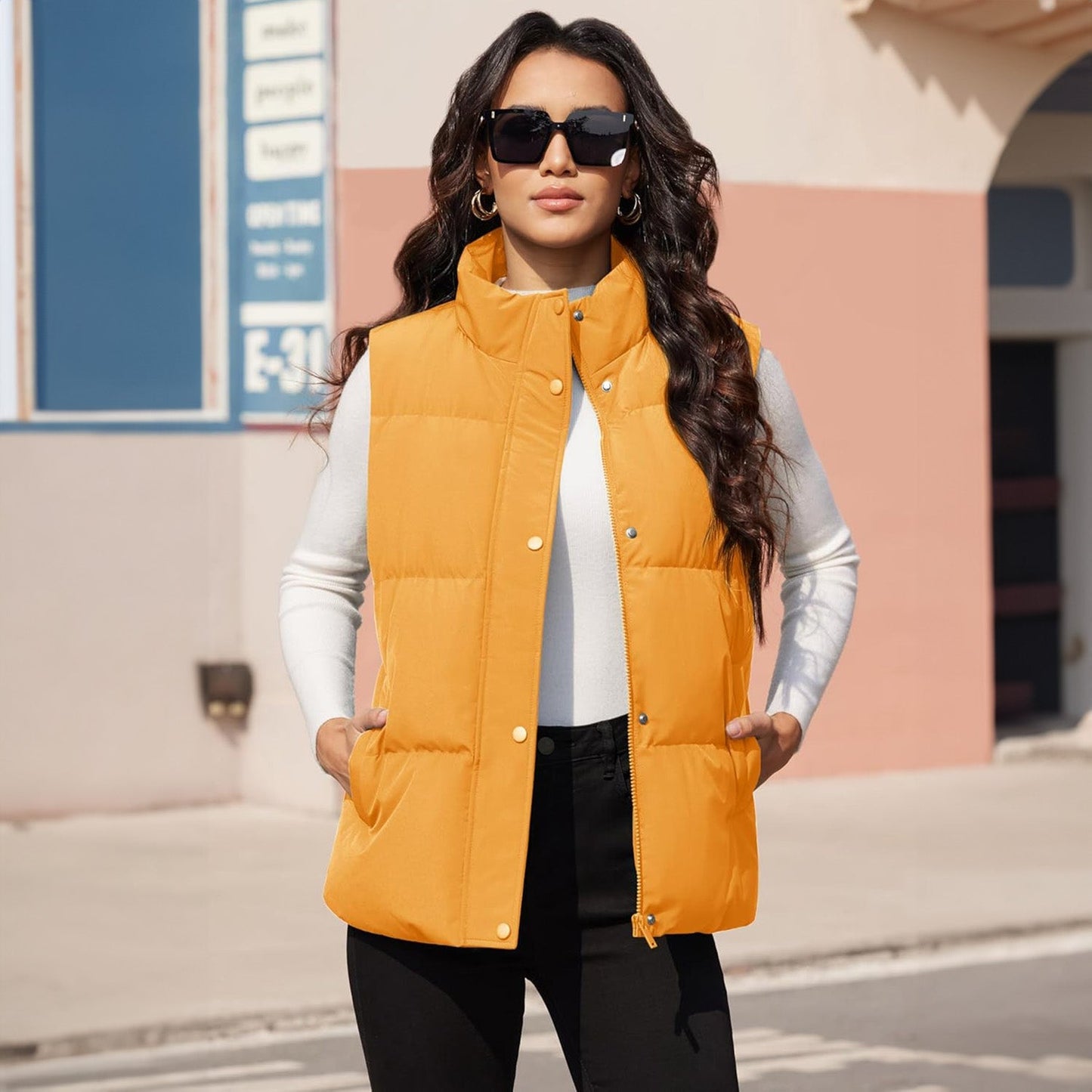 Damen Puffer Daunenweste Übergroße Oberbekleidung mit Reißverschluss Leichte wattierte Winterweste mit Taschen