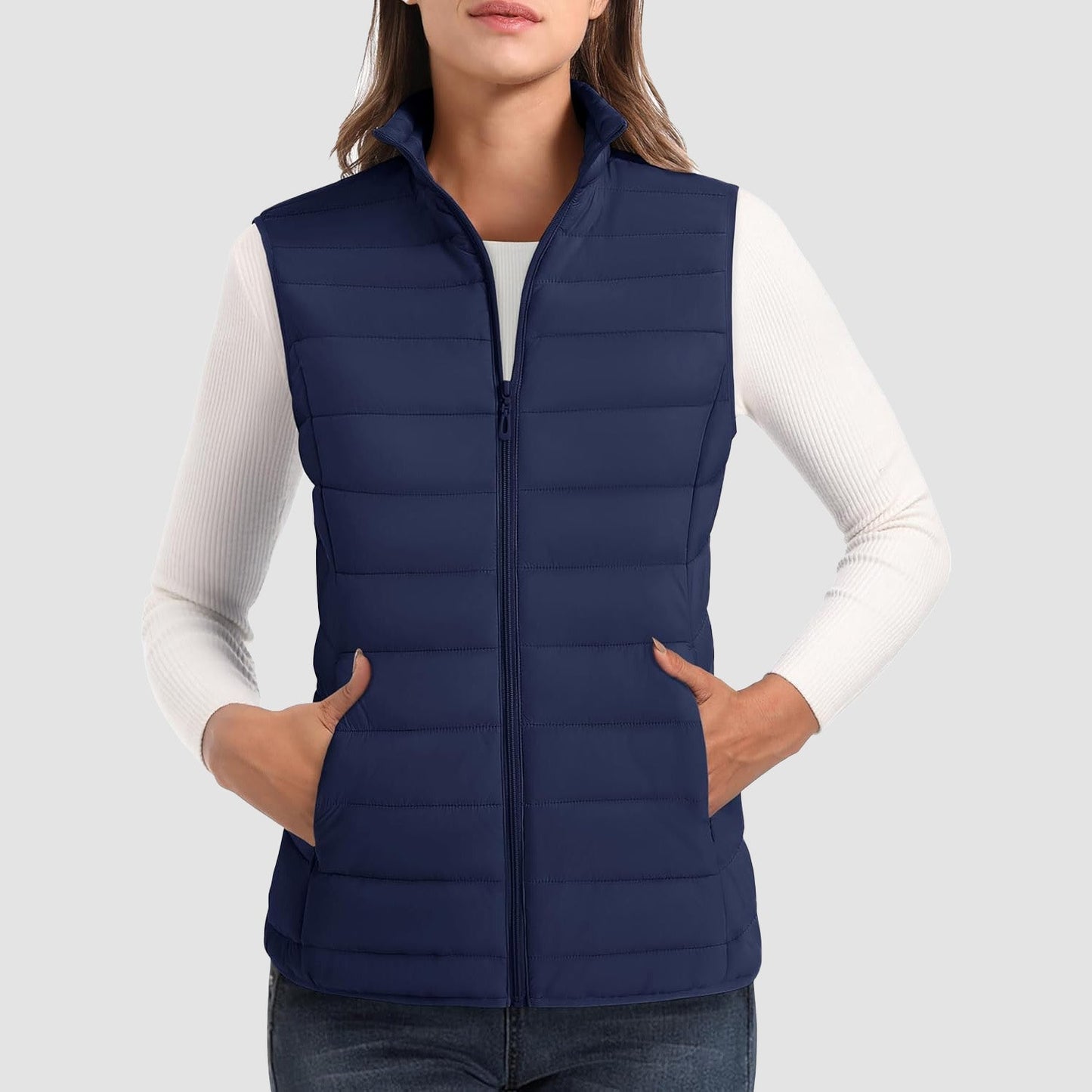 Pufferweste für Damen, leicht, Stehkragen, Reißverschluss, 4 Taschen, bauschige Westen, ärmellos, gesteppt, gepolsterte Oberbekleidung