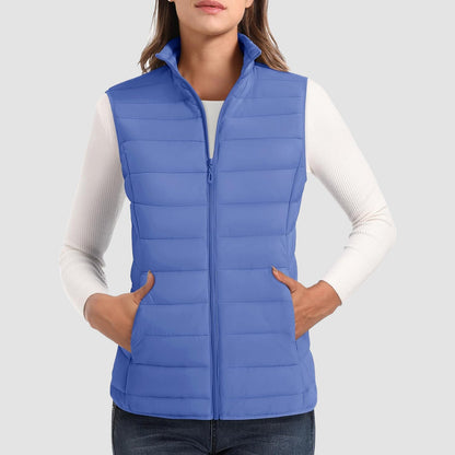Pufferweste für Damen, leicht, Stehkragen, Reißverschluss, 4 Taschen, bauschige Westen, ärmellos, gesteppt, gepolsterte Oberbekleidung