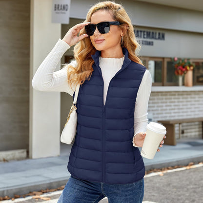 Pufferweste für Damen, leicht, Stehkragen, Reißverschluss, 4 Taschen, bauschige Westen, ärmellos, gesteppt, gepolsterte Oberbekleidung