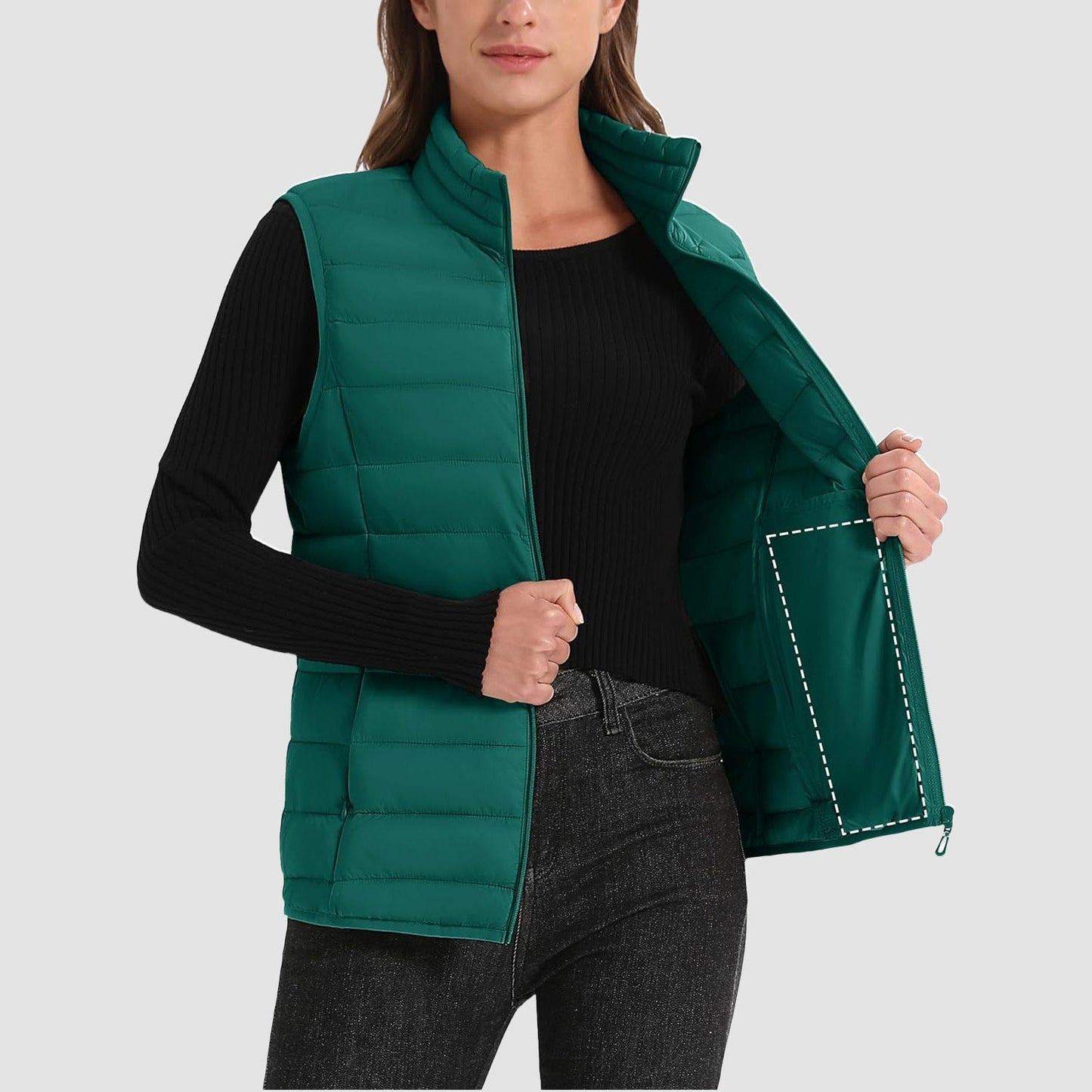 Pufferweste für Damen, leicht, Stehkragen, Reißverschluss, 4 Taschen, bauschige Westen, ärmellos, gesteppt, gepolsterte Oberbekleidung