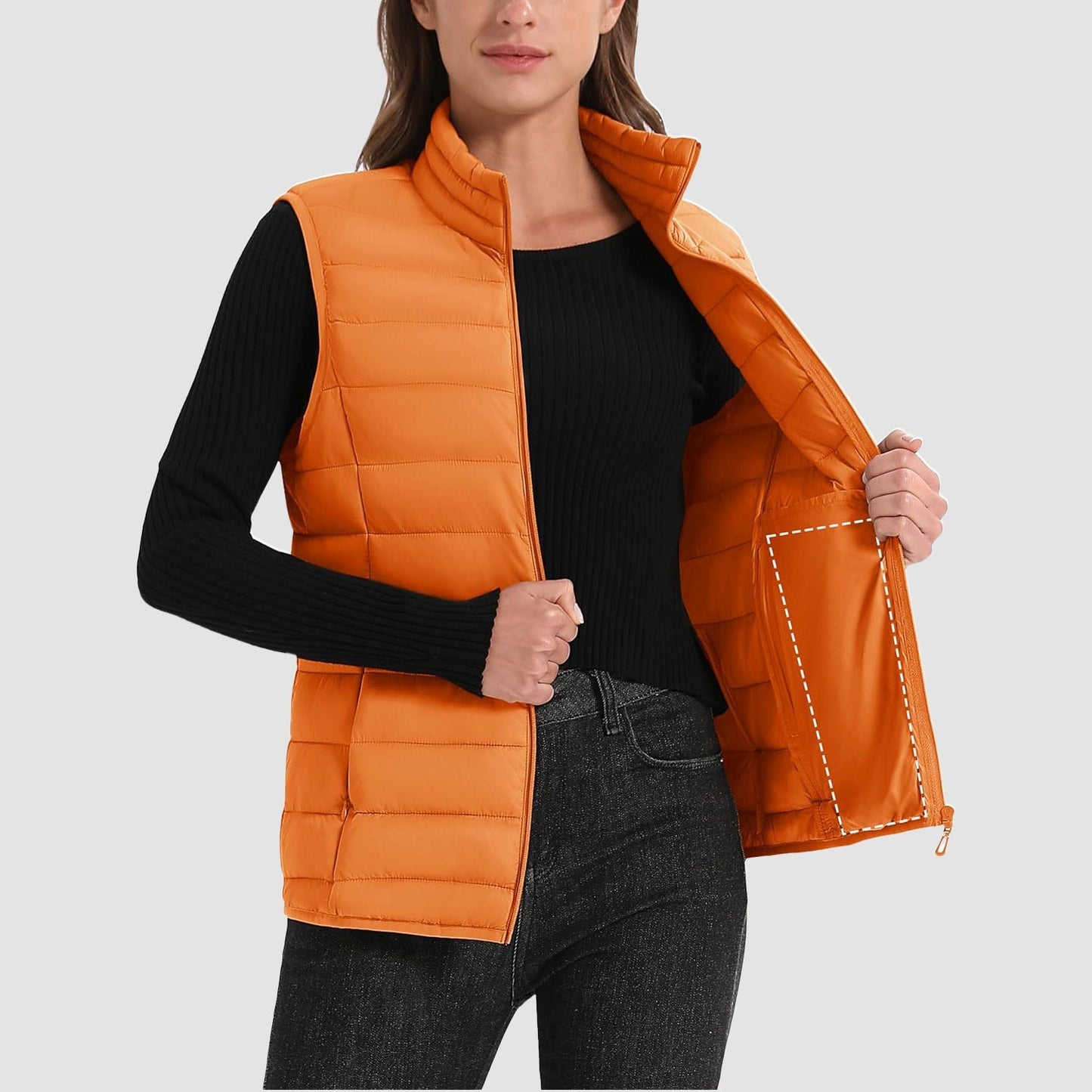 Pufferweste für Damen, leicht, Stehkragen, Reißverschluss, 4 Taschen, bauschige Westen, ärmellos, gesteppt, gepolsterte Oberbekleidung
