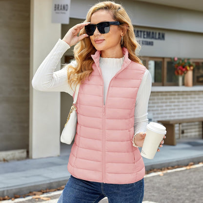 Pufferweste für Damen, leicht, Stehkragen, Reißverschluss, 4 Taschen, bauschige Westen, ärmellos, gesteppt, gepolsterte Oberbekleidung