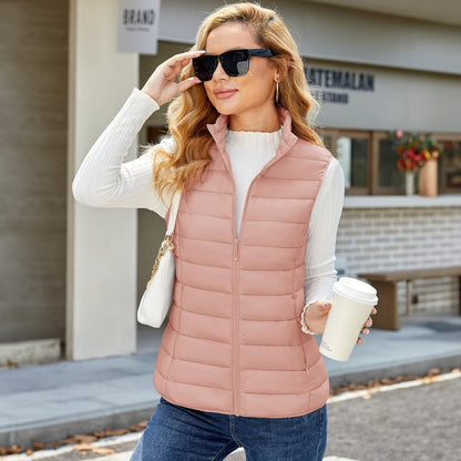Pufferweste für Damen, leicht, Stehkragen, Reißverschluss, 4 Taschen, bauschige Westen, ärmellos, gesteppt, gepolsterte Oberbekleidung