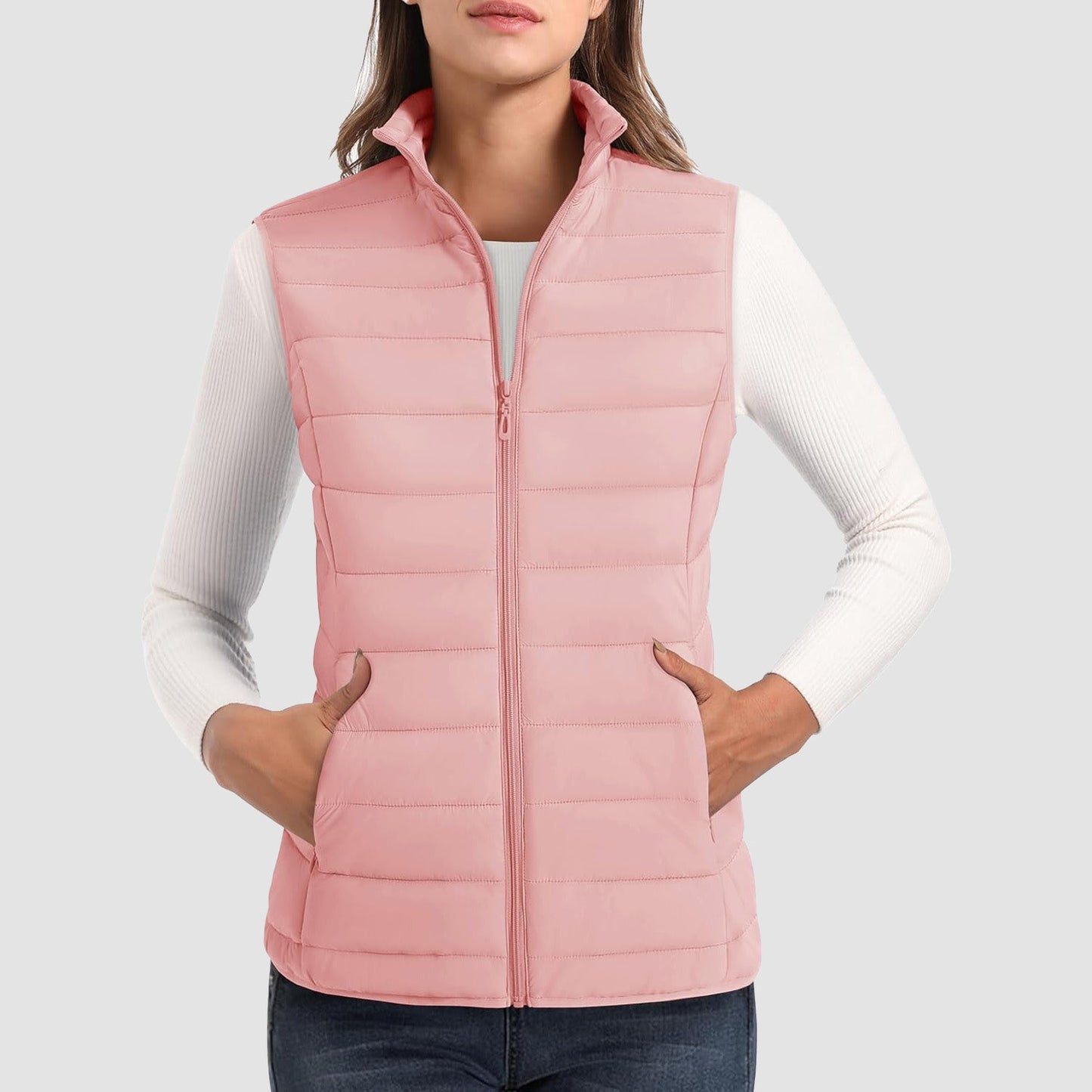 Pufferweste für Damen, leicht, Stehkragen, Reißverschluss, 4 Taschen, bauschige Westen, ärmellos, gesteppt, gepolsterte Oberbekleidung