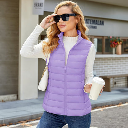 Pufferweste für Damen, leicht, Stehkragen, Reißverschluss, 4 Taschen, bauschige Westen, ärmellos, gesteppt, gepolsterte Oberbekleidung
