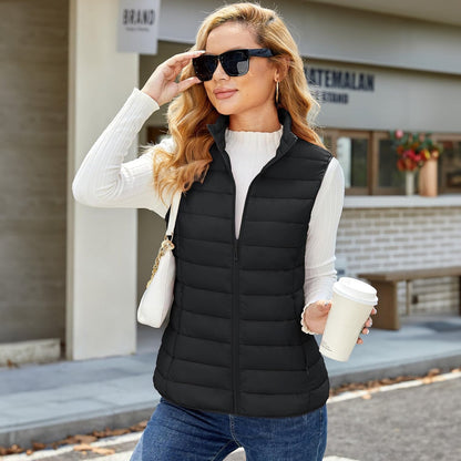 Pufferweste für Damen, leicht, Stehkragen, Reißverschluss, 4 Taschen, bauschige Westen, ärmellos, gesteppt, gepolsterte Oberbekleidung