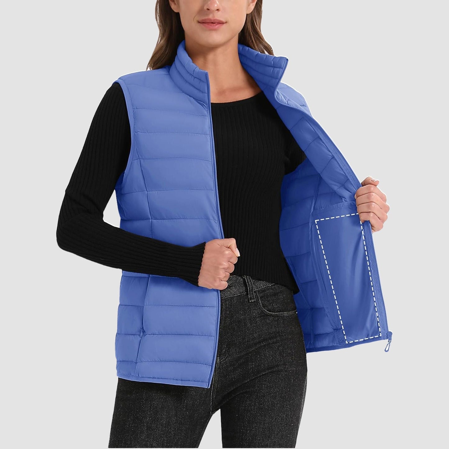 Pufferweste für Damen, leicht, Stehkragen, Reißverschluss, 4 Taschen, bauschige Westen, ärmellos, gesteppt, gepolsterte Oberbekleidung