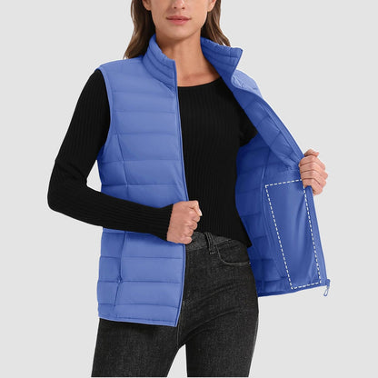 Pufferweste für Damen, leicht, Stehkragen, Reißverschluss, 4 Taschen, bauschige Westen, ärmellos, gesteppt, gepolsterte Oberbekleidung