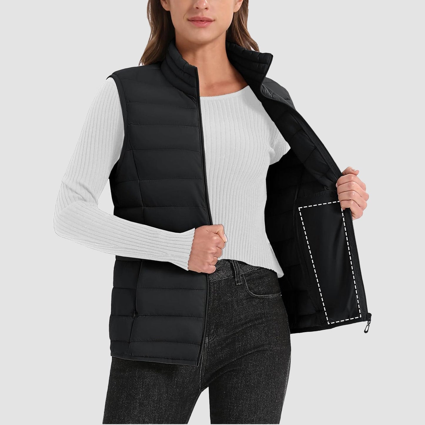 Pufferweste für Damen, leicht, Stehkragen, Reißverschluss, 4 Taschen, bauschige Westen, ärmellos, gesteppt, gepolsterte Oberbekleidung
