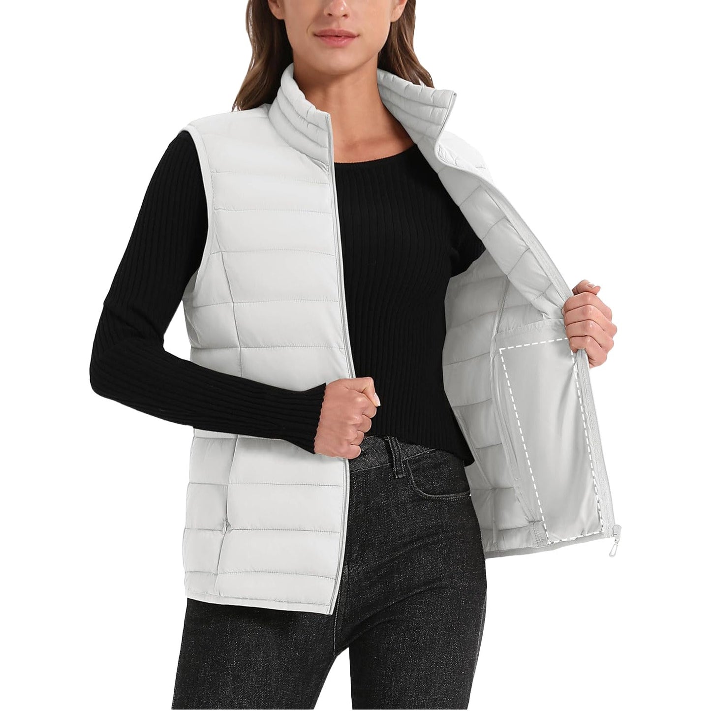 Pufferweste für Damen, leicht, Stehkragen, Reißverschluss, 4 Taschen, bauschige Westen, ärmellos, gesteppt, gepolsterte Oberbekleidung
