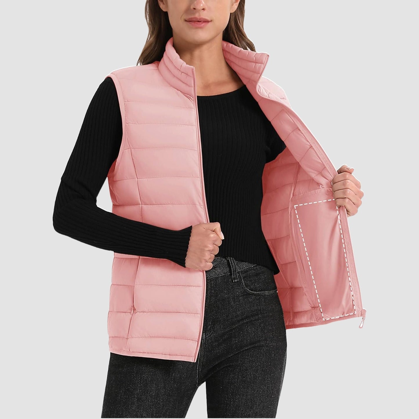 Pufferweste für Damen, leicht, Stehkragen, Reißverschluss, 4 Taschen, bauschige Westen, ärmellos, gesteppt, gepolsterte Oberbekleidung