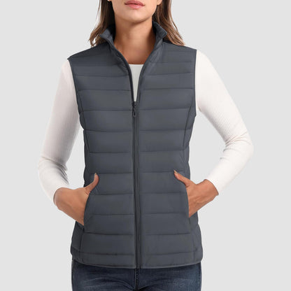 Pufferweste für Damen, leicht, Stehkragen, Reißverschluss, 4 Taschen, bauschige Westen, ärmellos, gesteppt, gepolsterte Oberbekleidung