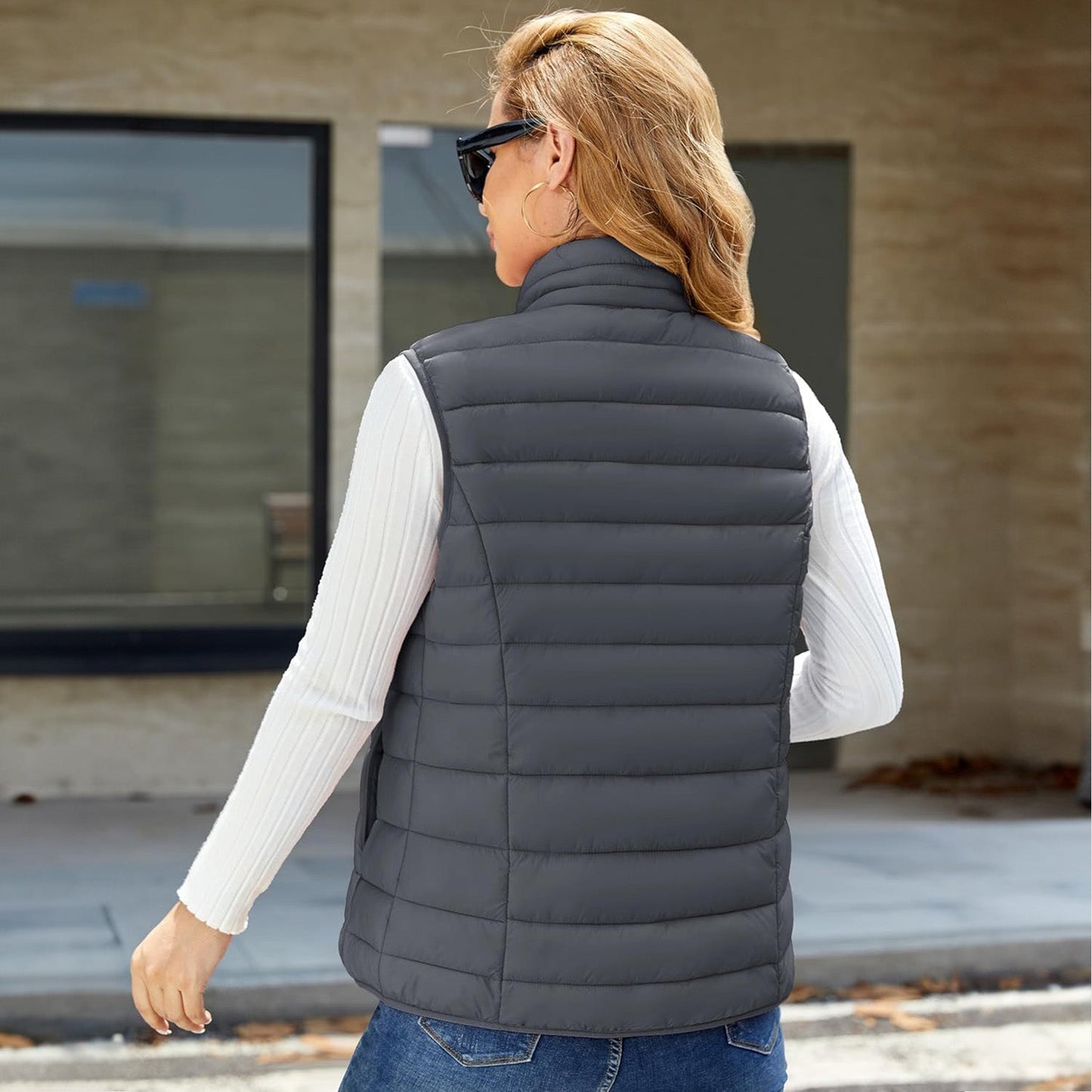 Pufferweste für Damen, leicht, Stehkragen, Reißverschluss, 4 Taschen, bauschige Westen, ärmellos, gesteppt, gepolsterte Oberbekleidung