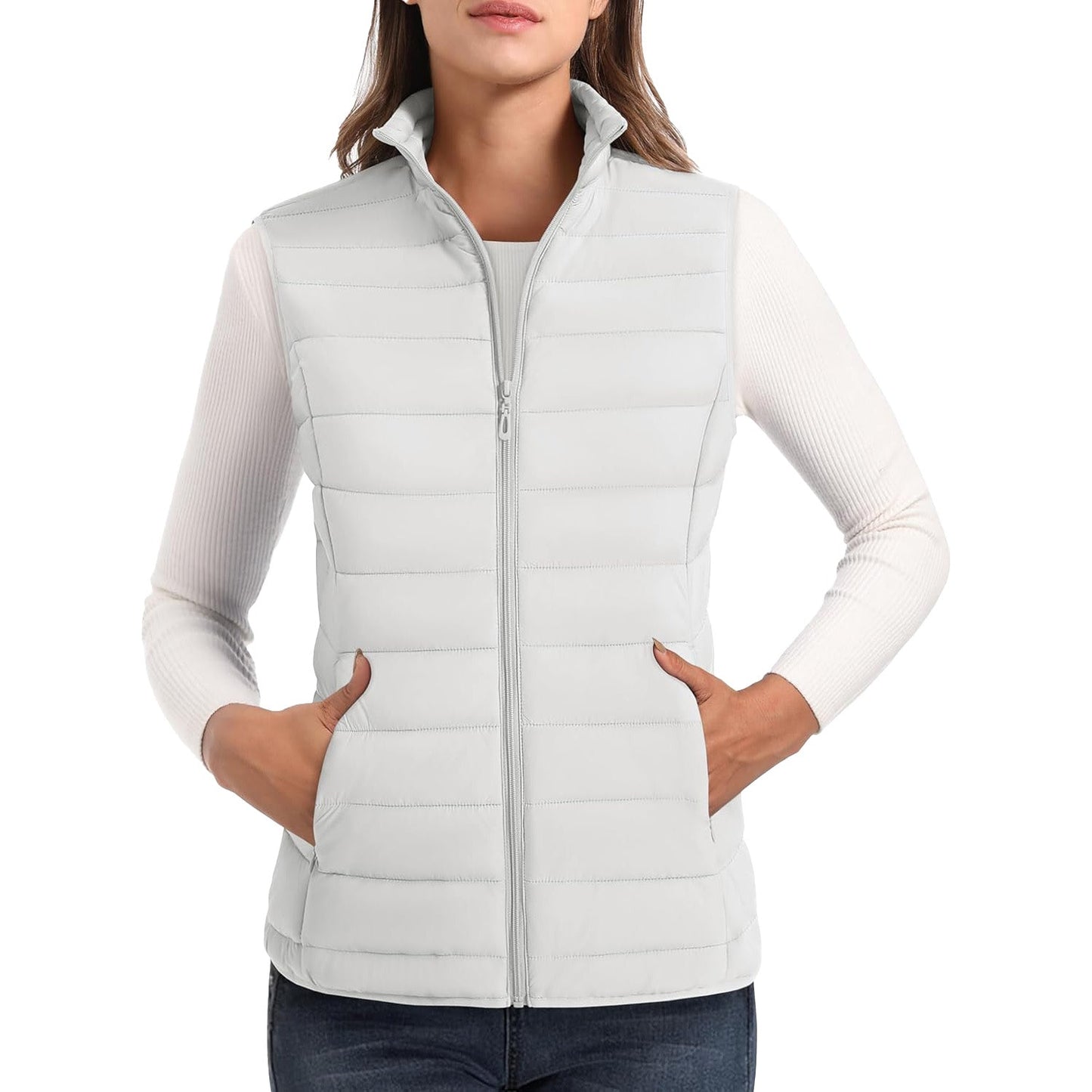 Pufferweste für Damen, leicht, Stehkragen, Reißverschluss, 4 Taschen, bauschige Westen, ärmellos, gesteppt, gepolsterte Oberbekleidung