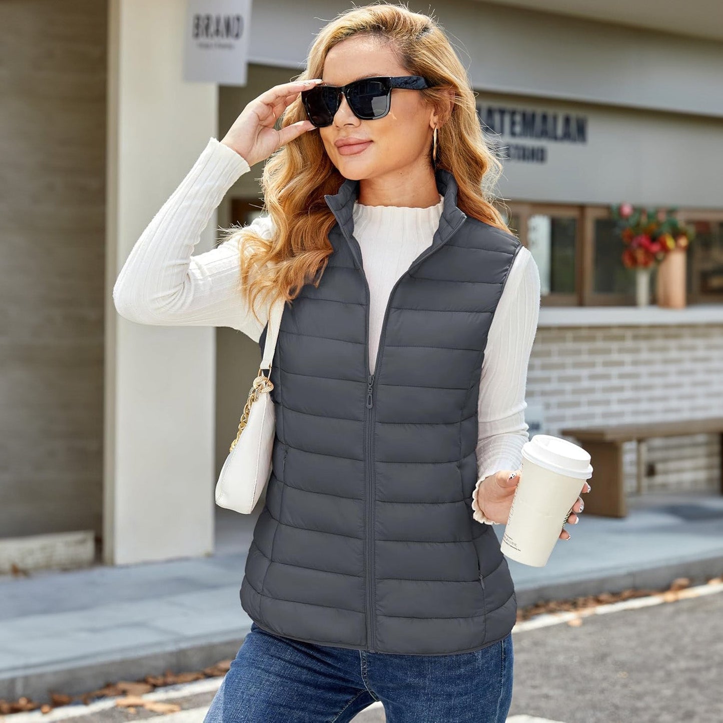 Pufferweste für Damen, leicht, Stehkragen, Reißverschluss, 4 Taschen, bauschige Westen, ärmellos, gesteppt, gepolsterte Oberbekleidung