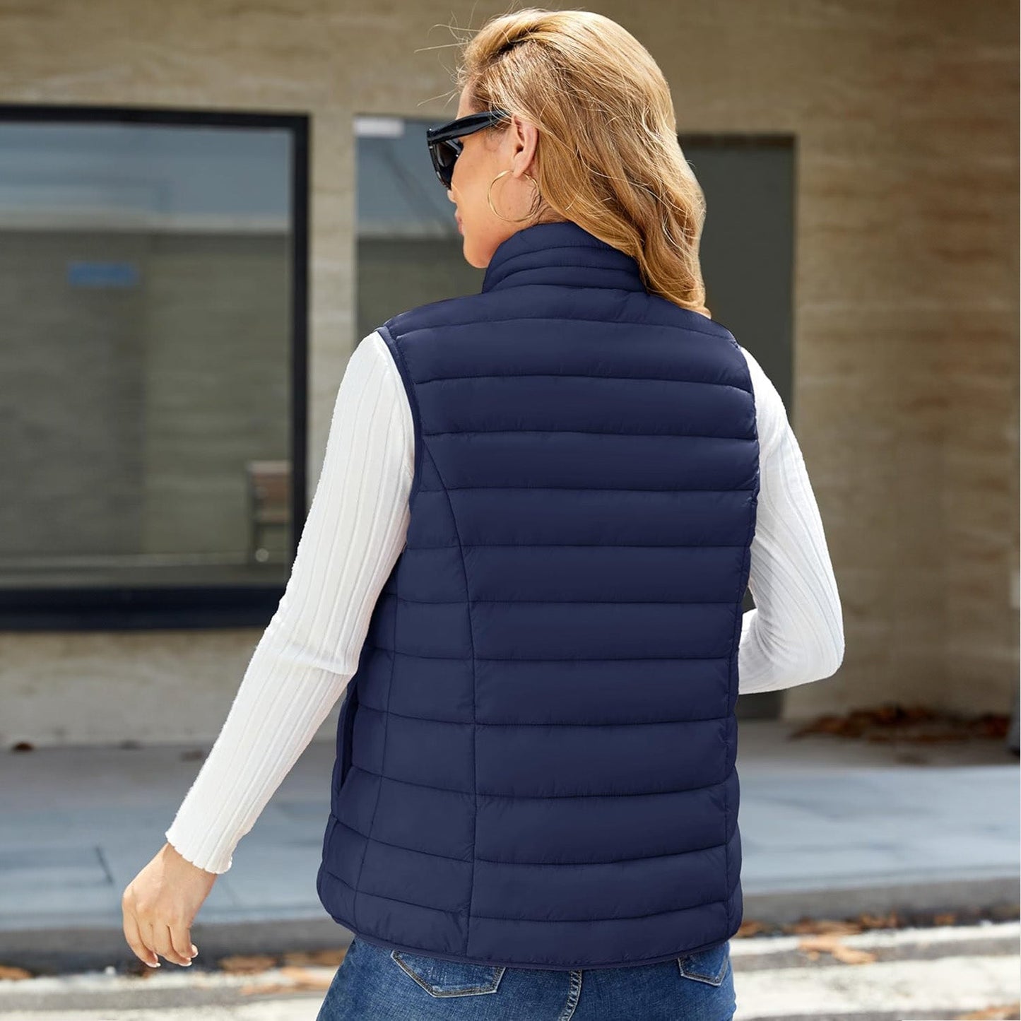 Pufferweste für Damen, leicht, Stehkragen, Reißverschluss, 4 Taschen, bauschige Westen, ärmellos, gesteppt, gepolsterte Oberbekleidung