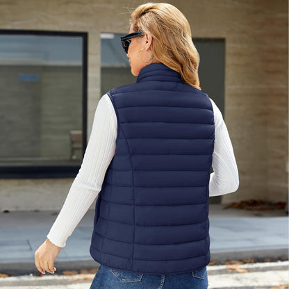 Pufferweste für Damen, leicht, Stehkragen, Reißverschluss, 4 Taschen, bauschige Westen, ärmellos, gesteppt, gepolsterte Oberbekleidung
