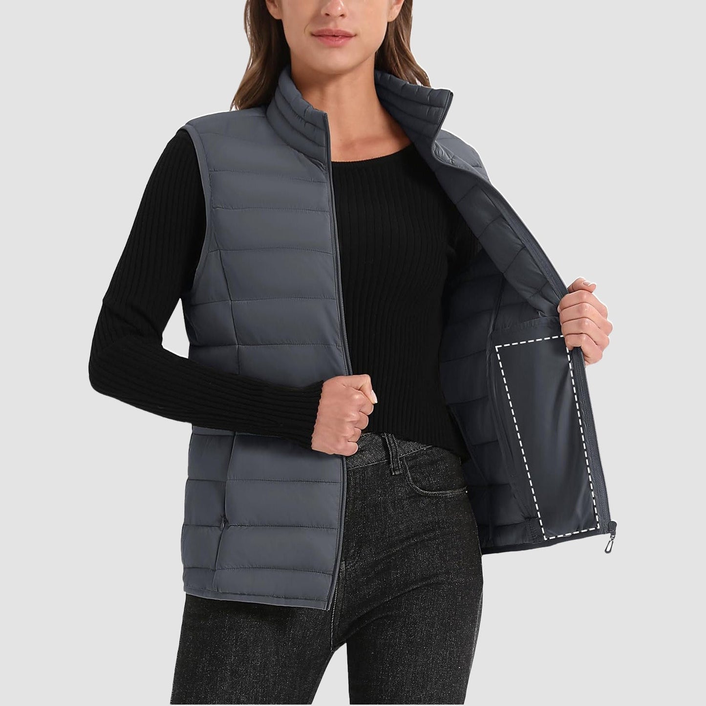 Pufferweste für Damen, leicht, Stehkragen, Reißverschluss, 4 Taschen, bauschige Westen, ärmellos, gesteppt, gepolsterte Oberbekleidung