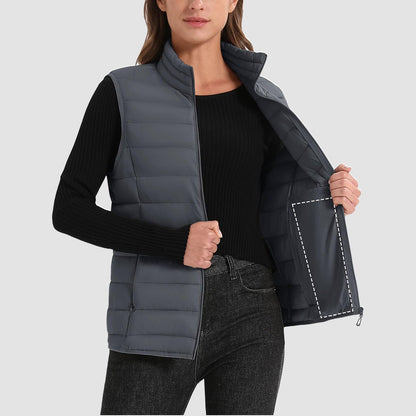 Pufferweste für Damen, leicht, Stehkragen, Reißverschluss, 4 Taschen, bauschige Westen, ärmellos, gesteppt, gepolsterte Oberbekleidung