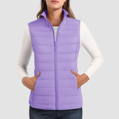 Pufferweste für Damen, leicht, Stehkragen, Reißverschluss, 4 Taschen, bauschige Westen, ärmellos, gesteppt, gepolsterte Oberbekleidung