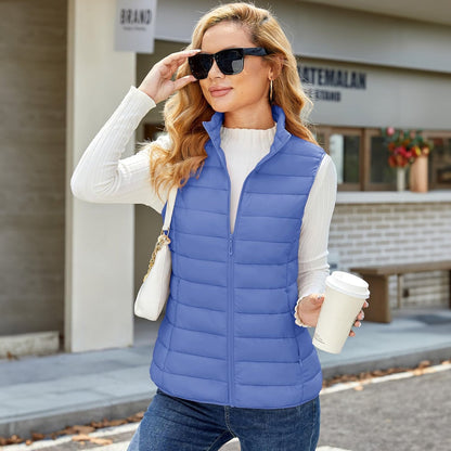 Pufferweste für Damen, leicht, Stehkragen, Reißverschluss, 4 Taschen, bauschige Westen, ärmellos, gesteppt, gepolsterte Oberbekleidung