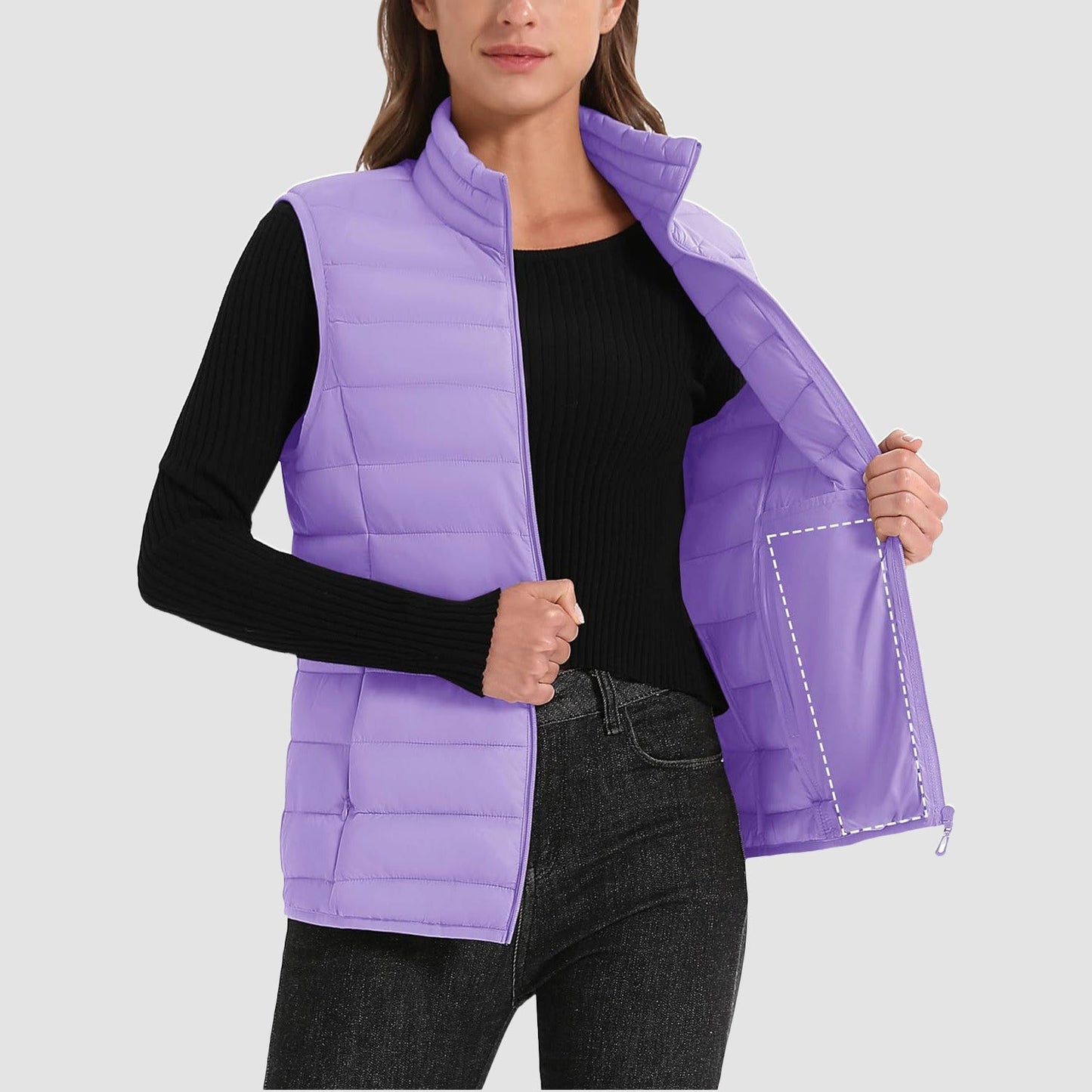 Pufferweste für Damen, leicht, Stehkragen, Reißverschluss, 4 Taschen, bauschige Westen, ärmellos, gesteppt, gepolsterte Oberbekleidung