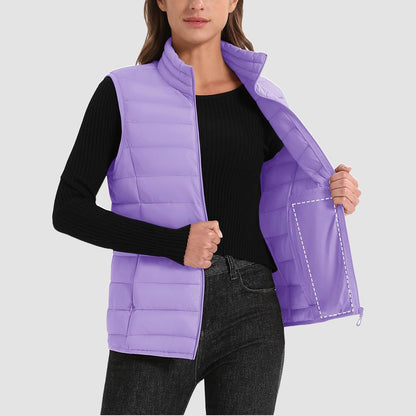 Pufferweste für Damen, leicht, Stehkragen, Reißverschluss, 4 Taschen, bauschige Westen, ärmellos, gesteppt, gepolsterte Oberbekleidung