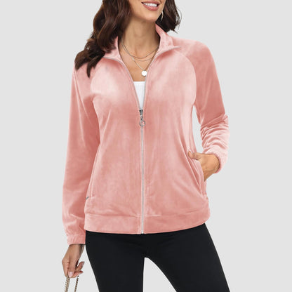 Women's Velour Jackets Full Zip Up Fleece Jacket With Zipper Pockets Soft Winter Jackets